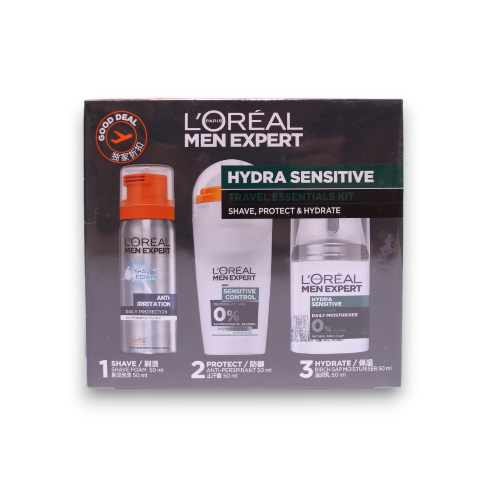 Travel Set L'Oreal Paris: Men Expert, Alcohol-Free, Hydrating & Regenerating, Nappali és éjszakai, Krém, Arcra, 50 ml + Men Expert, Alcohol-Free, Anti-Sweat, Deodorant Roll-On, Férfiaknak, 50 ml + Men Expert, Glicerin, Against Irritation, Shaving Foam, 50
