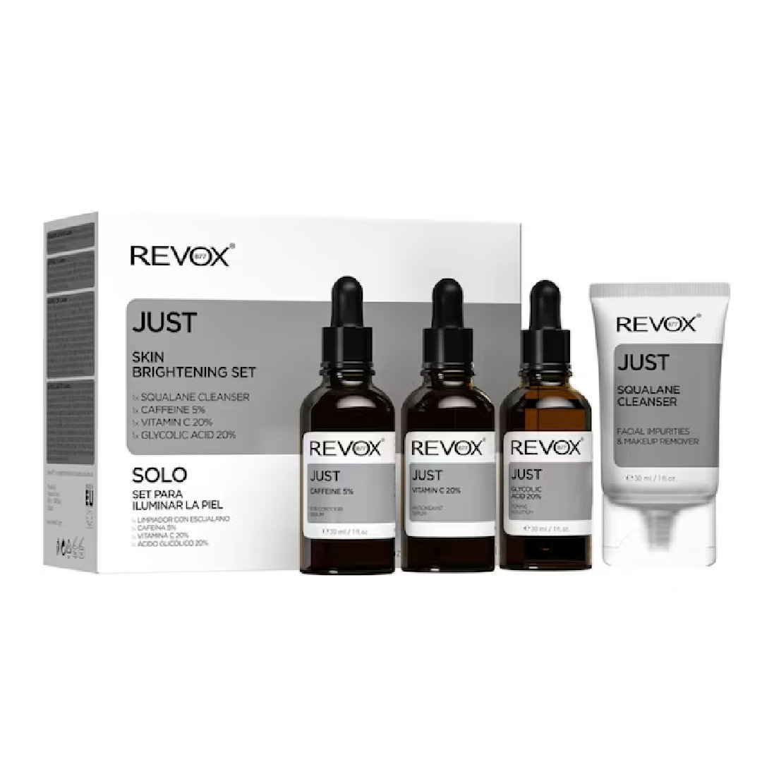 Skin Brightening Set Revox B77: Just, Caffeine 5%, Anti-Dark Circles, Nappali, Szemszérum, 30 ml + Just, Vitamin C 2%, Anti-Oxidant, Szérum, Arcra, 30 ml + Just, Glycolic Acid 20%, Toning, Szérum, Arcra, 30 ml + Just, Squalane, Eliminates Impurities, Clea