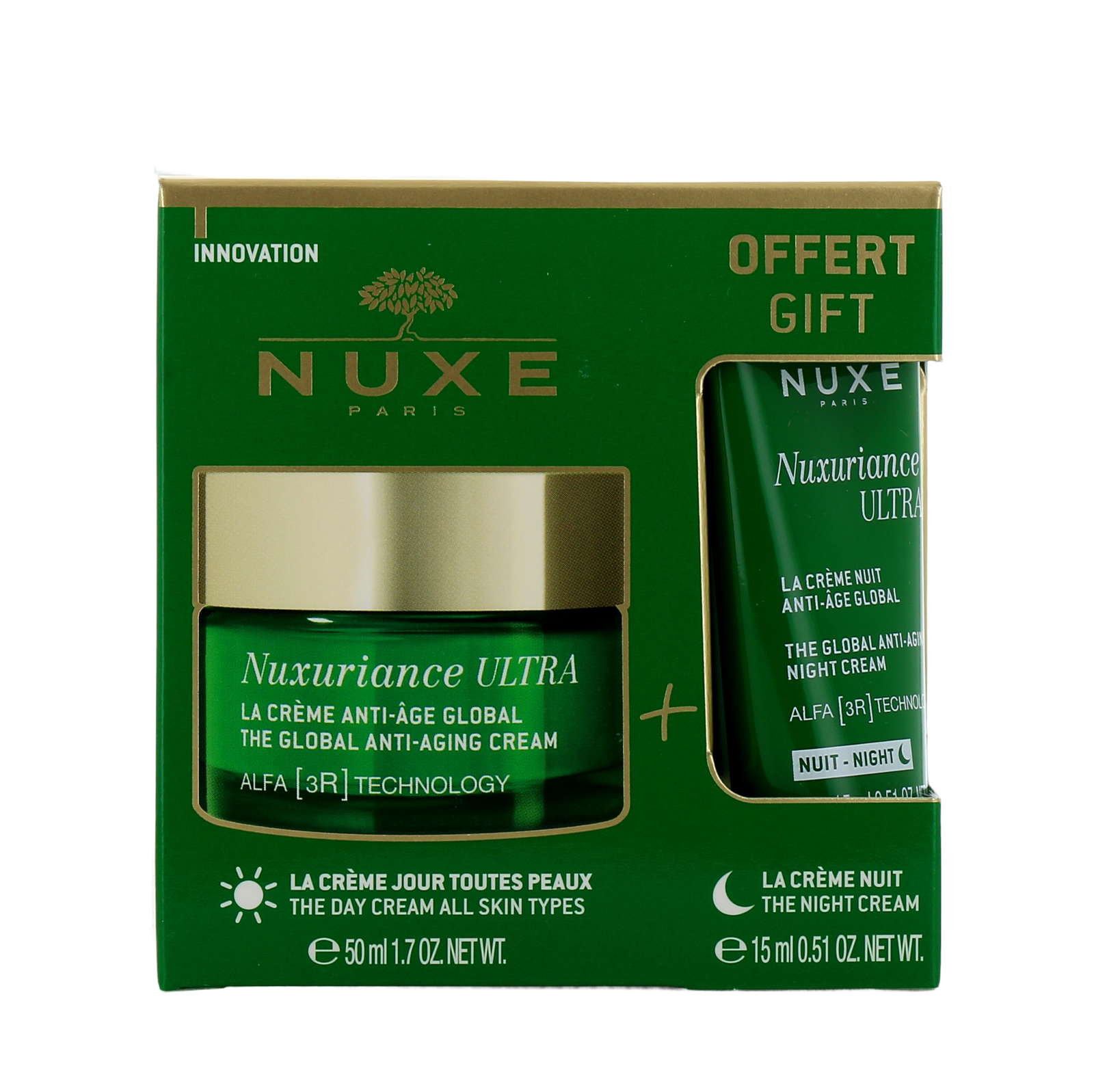 Set Nuxe: Nuxuriance Ultra, Öregedésgátló, Krém, Arcra, 50 ml + Nuxuriance Ultra, Öregedésgátló, Éjszakai, Krém, Arcra, 15 ml