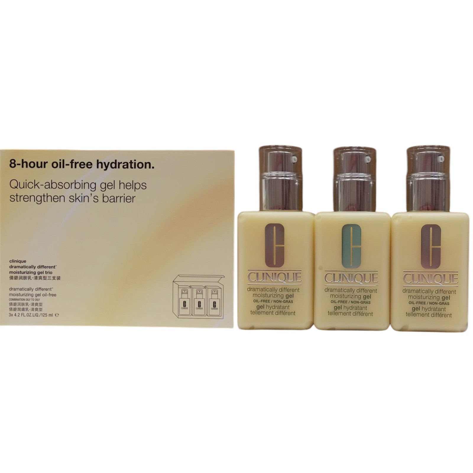 Set Trio, Clinique, Dramatically Different Face Care, Parabénmentes, Hidratáló, Nappali és éjszakai, Gél, Arcra, 3 db, 125 ml